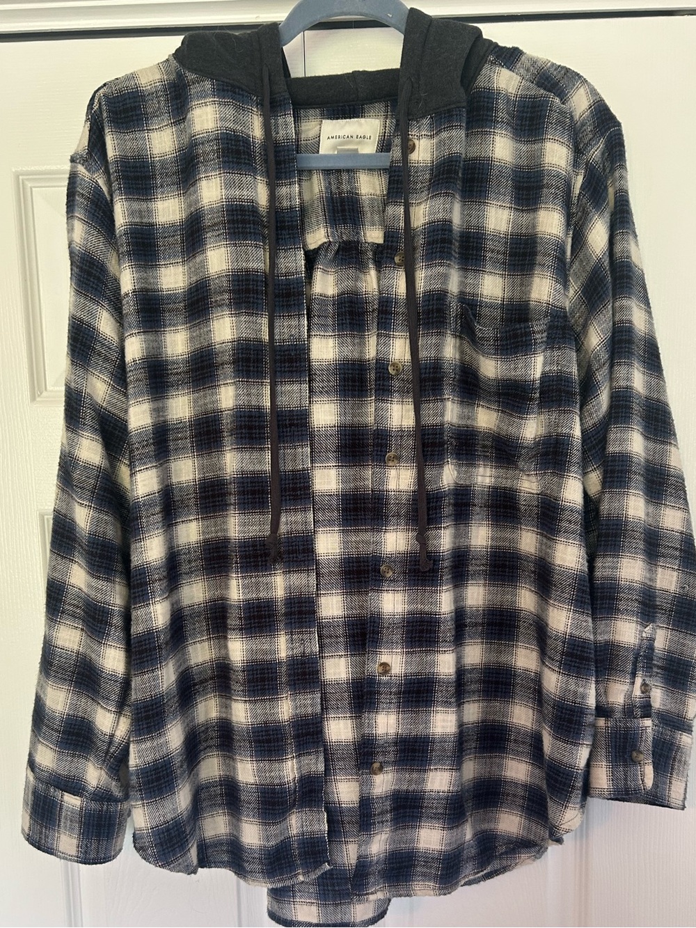 Women’s American Eagle Navy and White Hooded Soft Flannel Shirt